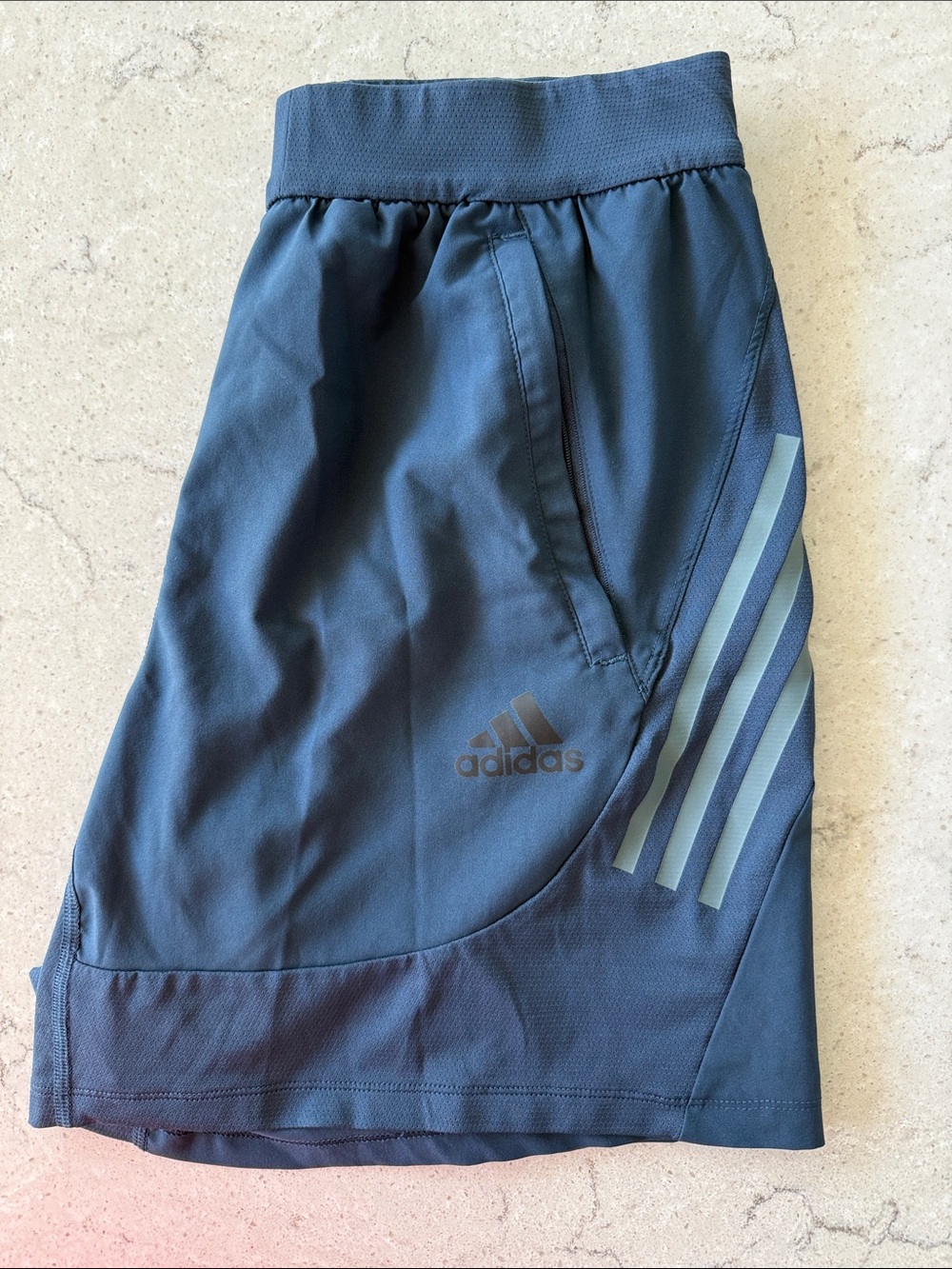 adidas Men's Dark Navy Athletic Shorts with Light Blue Stripes